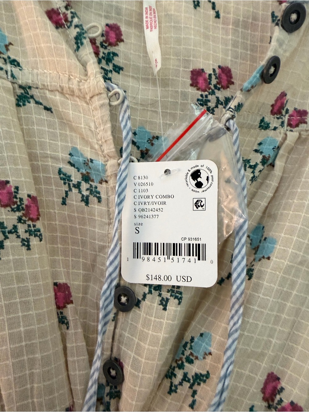 Free People NWT Cream Floral Ruffle-Tier Mini Dress with Button & Tie - Picture 2 of 3